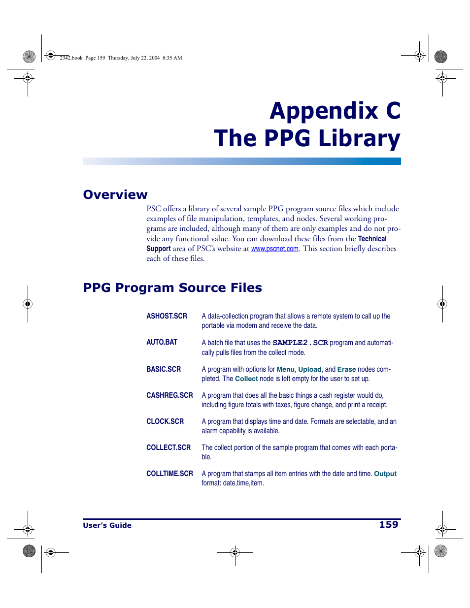 The ppg library, Overview, Ppg program source files | Overview ppg program source files, Appendix c the ppg library | PSC PT Program Generator User Manual | Page 171 / 204
