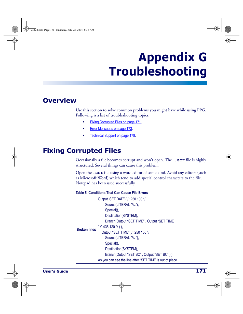 Troubleshooting, Overview, Fixing corrupted files | Overview fixing corrupted files, Appendix g troubleshooting | PSC PT Program Generator User Manual | Page 183 / 204