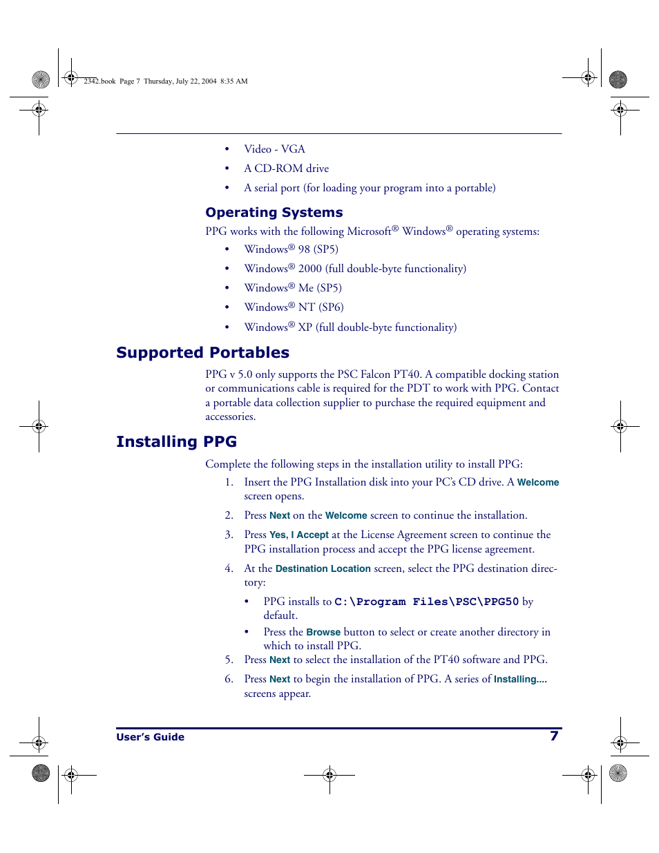 Operating systems, Supported portables, Installing ppg | Supported portables installing ppg | PSC PT Program Generator User Manual | Page 19 / 204