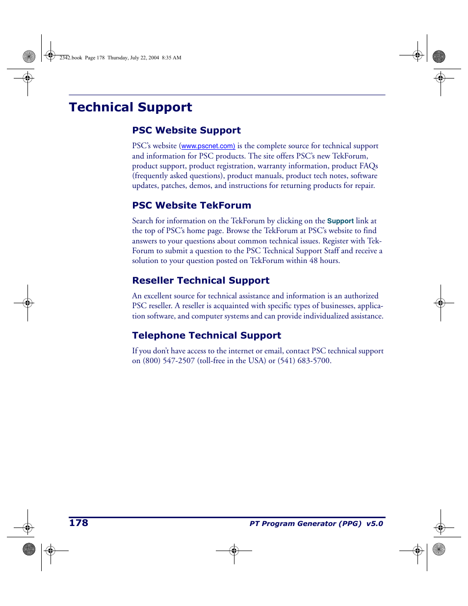 Technical support, Psc website support, Psc website tekforum | Reseller technical support, Telephone technical support | PSC PT Program Generator User Manual | Page 190 / 204