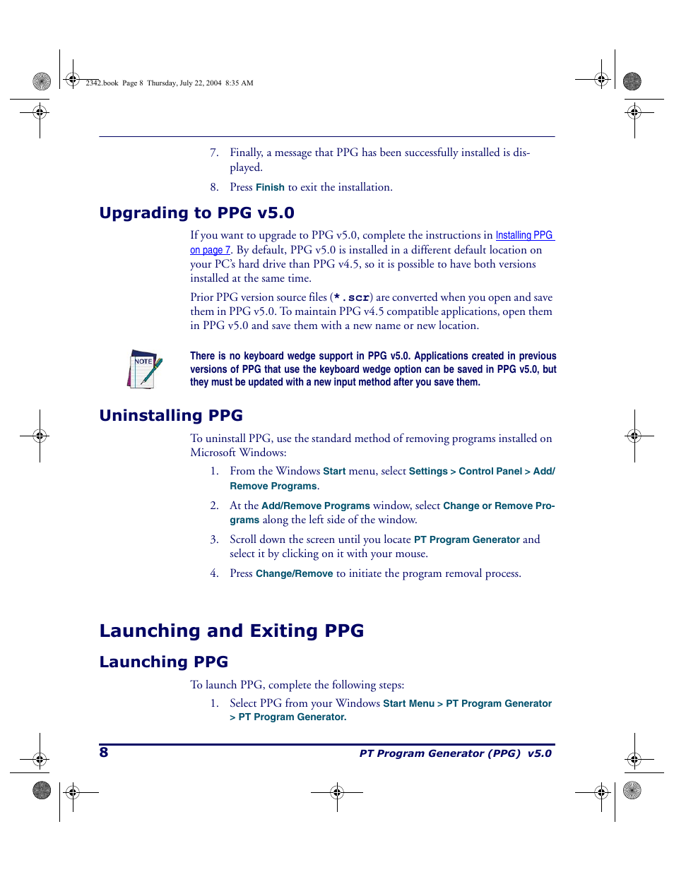 Upgrading to ppg v5.0, Uninstalling ppg, Launching and exiting ppg | Launching ppg, Upgrading to ppg v5.0 uninstalling ppg | PSC PT Program Generator User Manual | Page 20 / 204