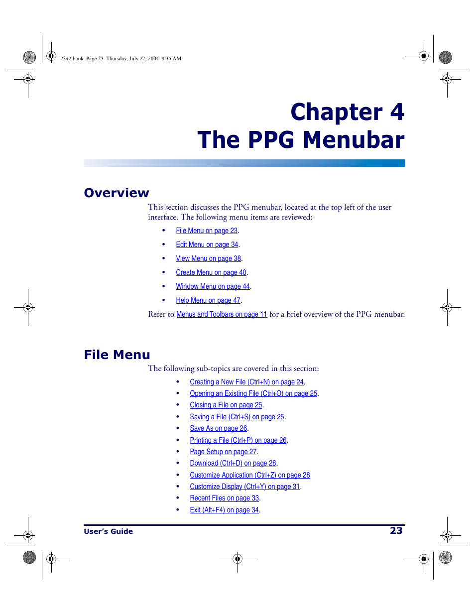 The ppg menubar, Overview, File menu | Overview file menu, Chapter 4 the ppg menubar | PSC PT Program Generator User Manual | Page 35 / 204