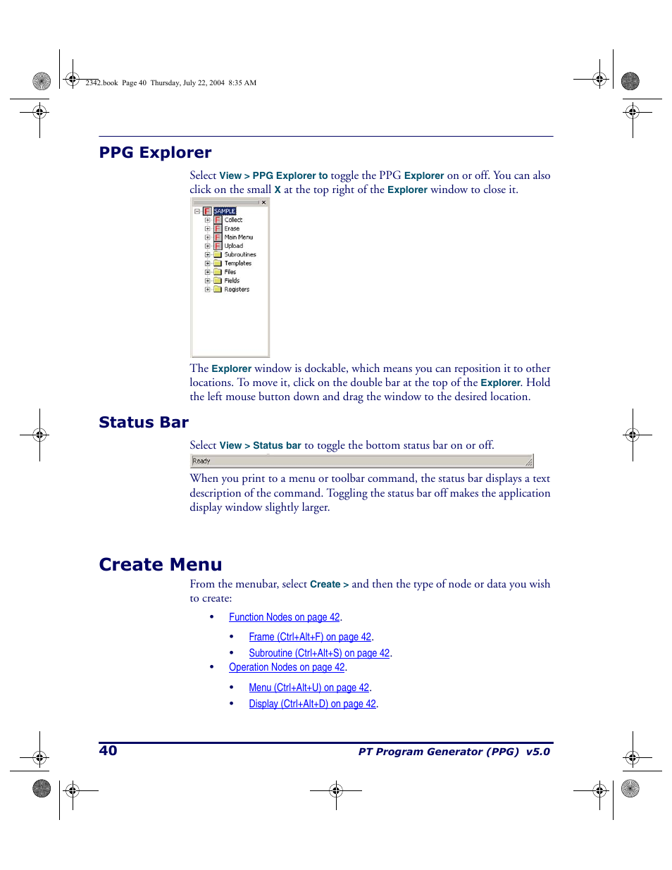 Ppg explorer, Status bar, Create menu | Ppg explorer status bar | PSC PT Program Generator User Manual | Page 52 / 204