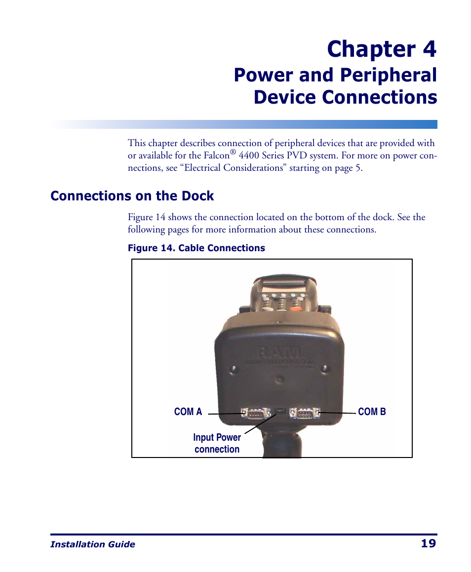 Power and peripheral device connections, Connections on the dock, Power and peripheral | Device connections, Power and peripheral device connec, Chapter 4 | PSC Falcon 4400 Series User Manual | Page 25 / 40