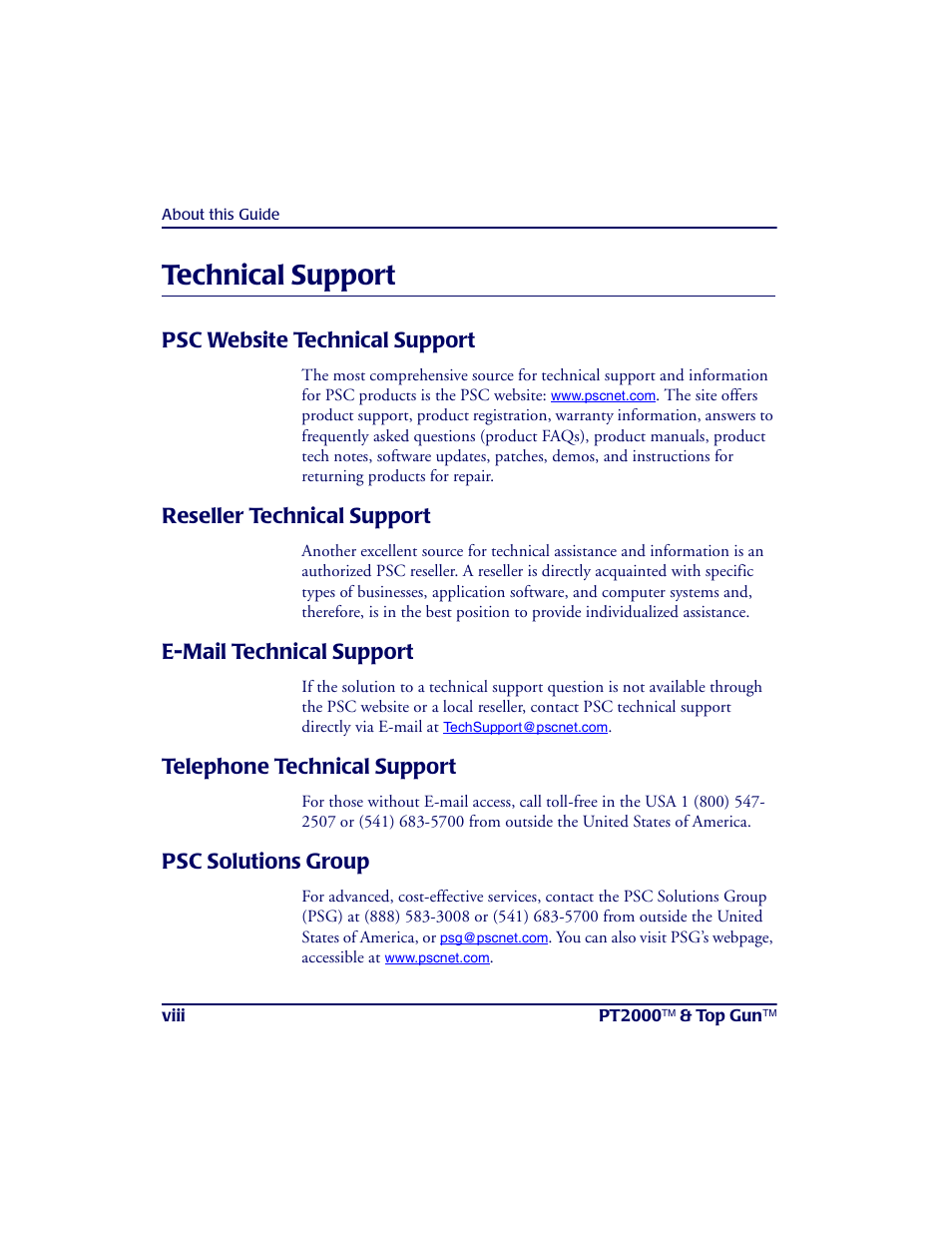 Technical support, Psc website technical support, Reseller technical support | E-mail technical support, Telephone technical support, Psc solutions group | PSC PT2000TM User Manual | Page 10 / 168