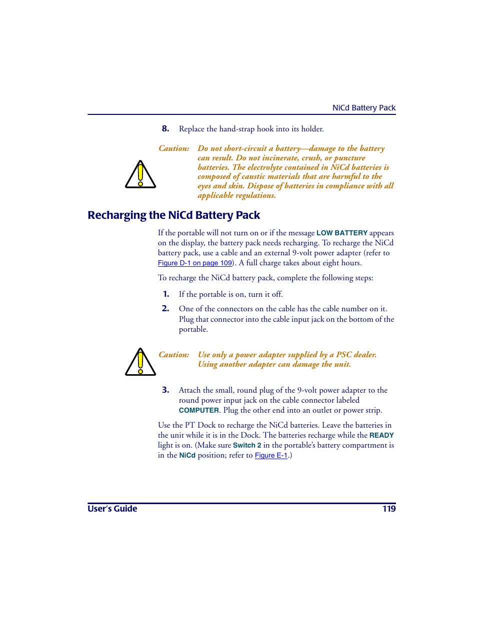 Recharging the nicd battery pack | PSC PT2000TM User Manual | Page 129 / 168