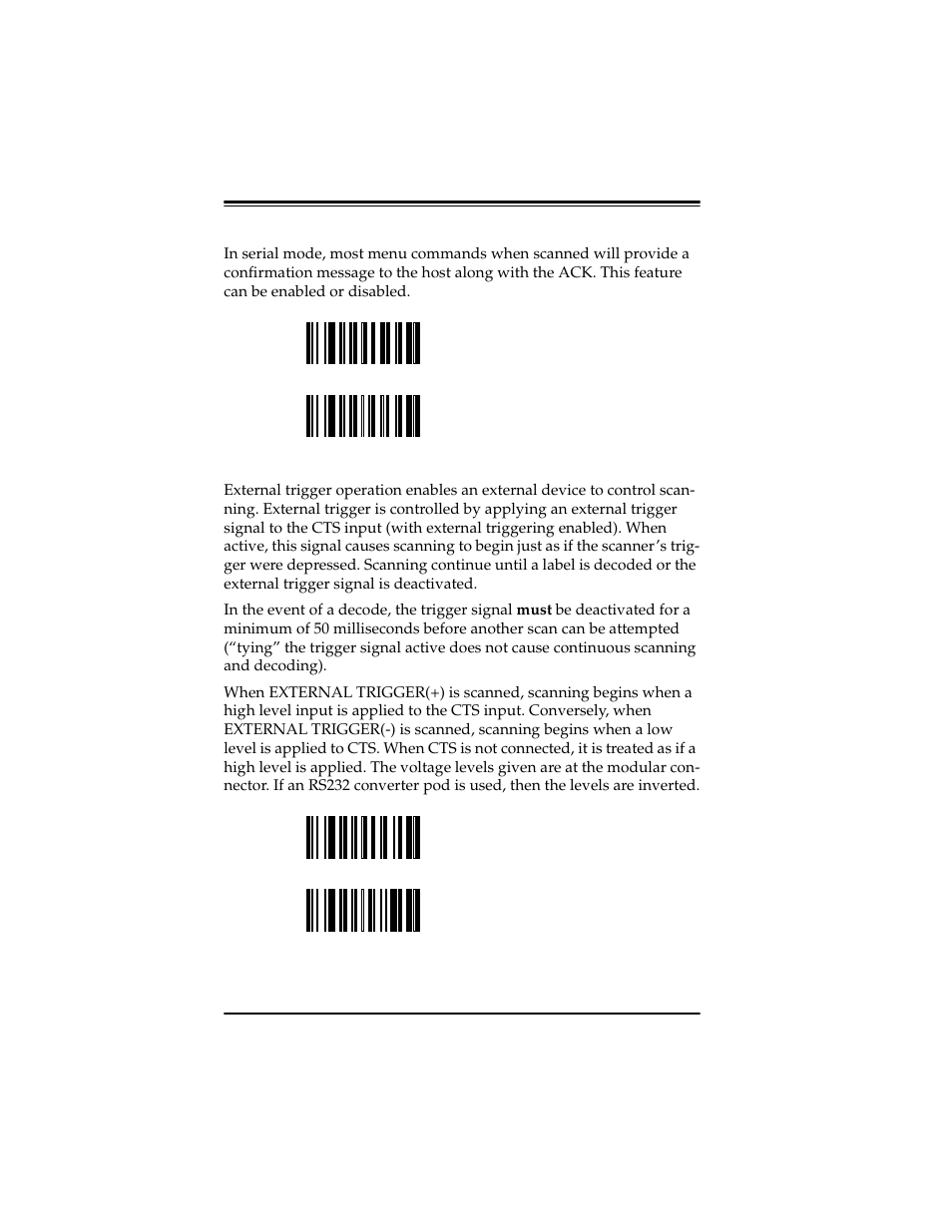 Menu commands parameter messages, External trigger operation | PSC Scanners User Manual | Page 26 / 84