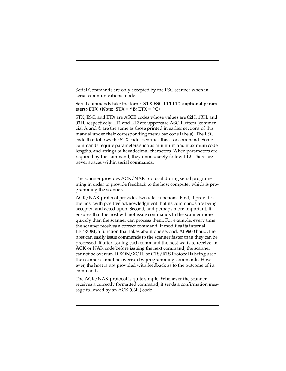 Serial commands, General serial command format, Ack/nak | PSC Scanners User Manual | Page 37 / 84