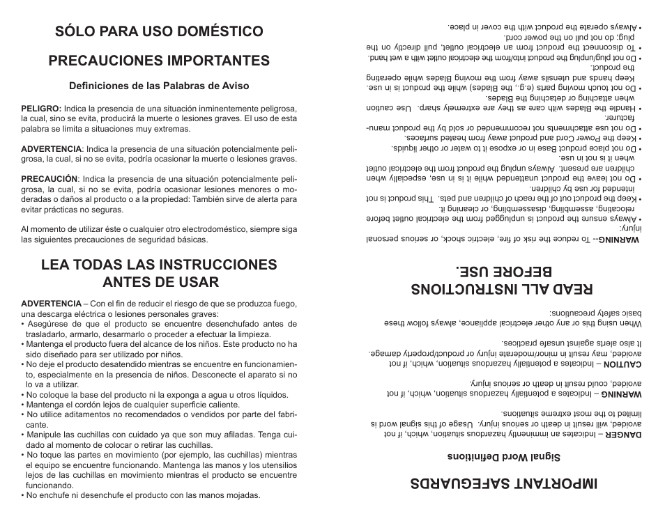 Sólo para uso doméstico precauciones importantes, Lea todas las instrucciones antes de usar, Important safeguards | Read all instructions before use | Professional Series PS75851 User Manual | Page 10 / 16
