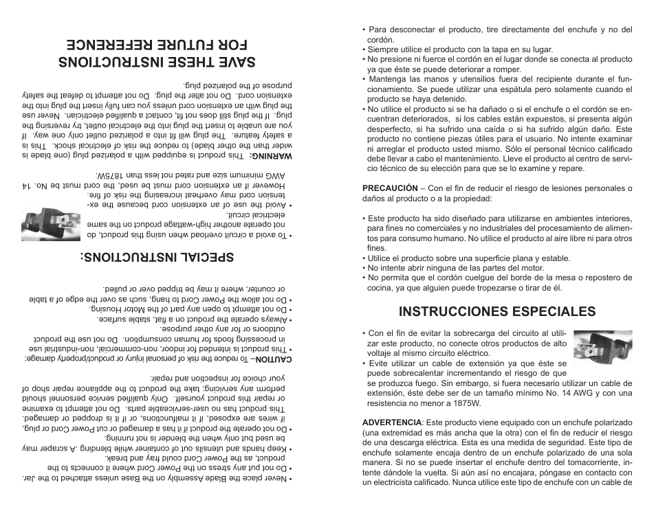 Save these instructions for future reference, Instrucciones especiales, Special instructions | Professional Series PS75851 User Manual | Page 11 / 16