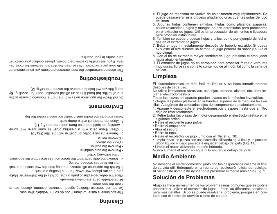 Cleaning, Environment, Troubleshooting | Limpieza, Medio ambiente, Solución de problemas | Professional Series PS75851 User Manual | Page 15 / 16