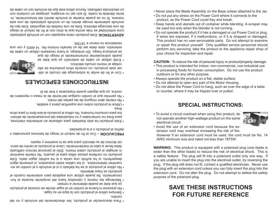 Save these instructions for future reference, Instrucciones especiales, Special instructions | Professional Series PS75851 User Manual | Page 3 / 16