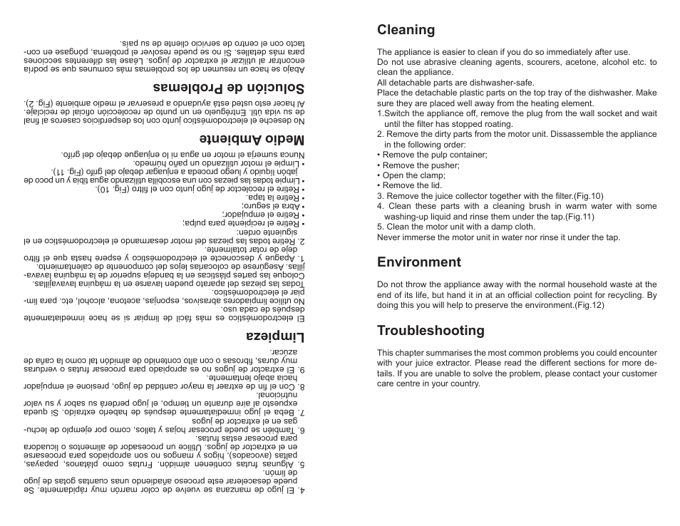 Cleaning, Environment, Troubleshooting | Limpieza, Medio ambiente, Solución de problemas | Professional Series PS75851 User Manual | Page 7 / 16
