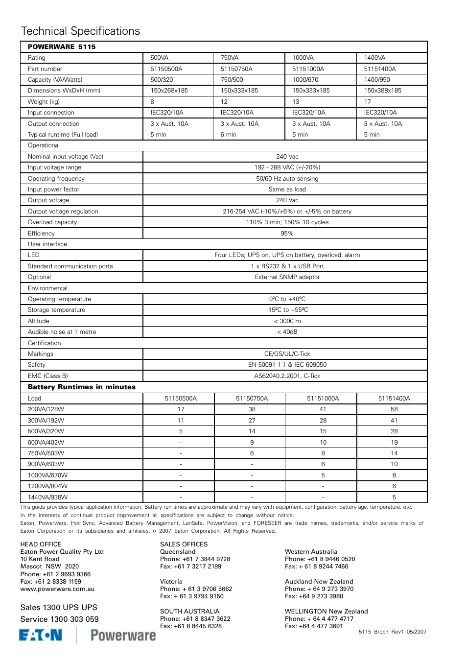 Technical specifications | Powerware 5115 User Manual | Page 2 / 2