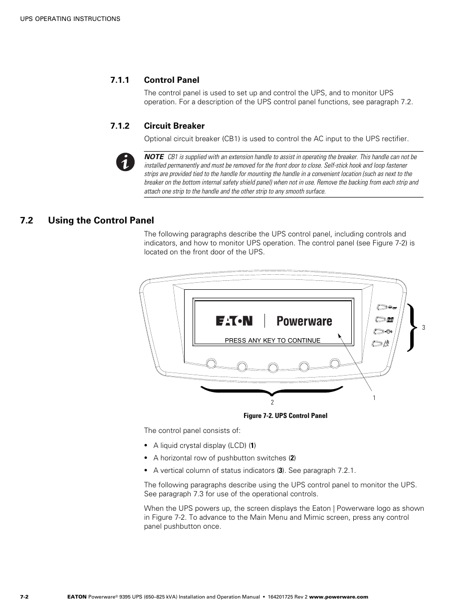 1 control panel, 2 circuit breaker, 2 using the control panel | Powerware 9395 UPS and Plus 1 UPS 650825 kVA User Manual | Page 144 / 192