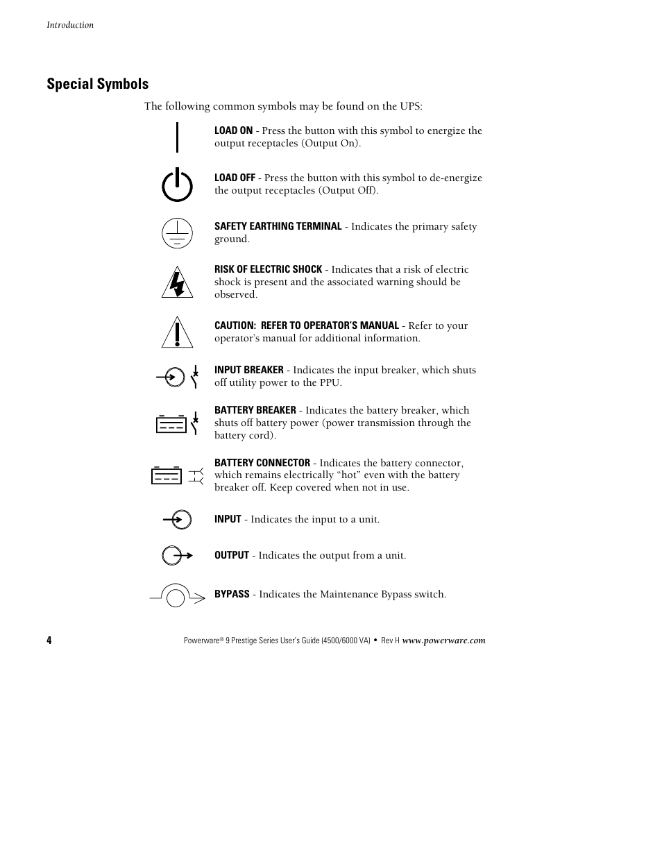 Special symbols | Powerware 6000 User Manual | Page 12 / 92