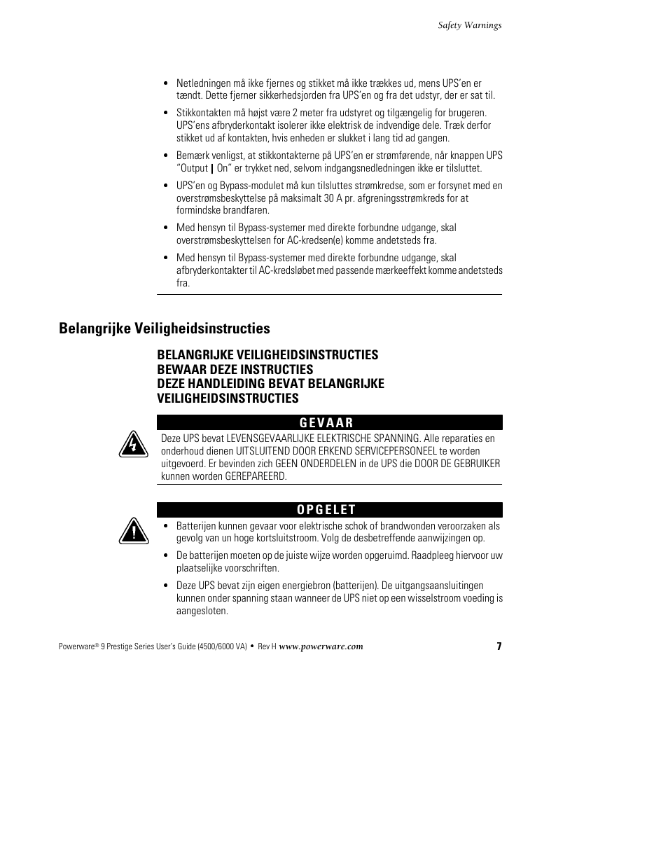 Belangrijke veiligheidsinstructies | Powerware 6000 User Manual | Page 15 / 92