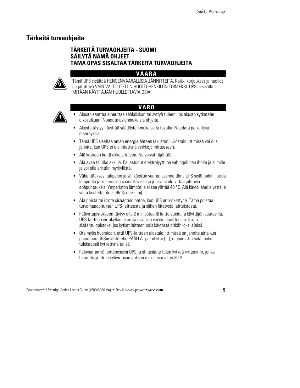 Tärkeitä turvaohjeita | Powerware 6000 User Manual | Page 17 / 92