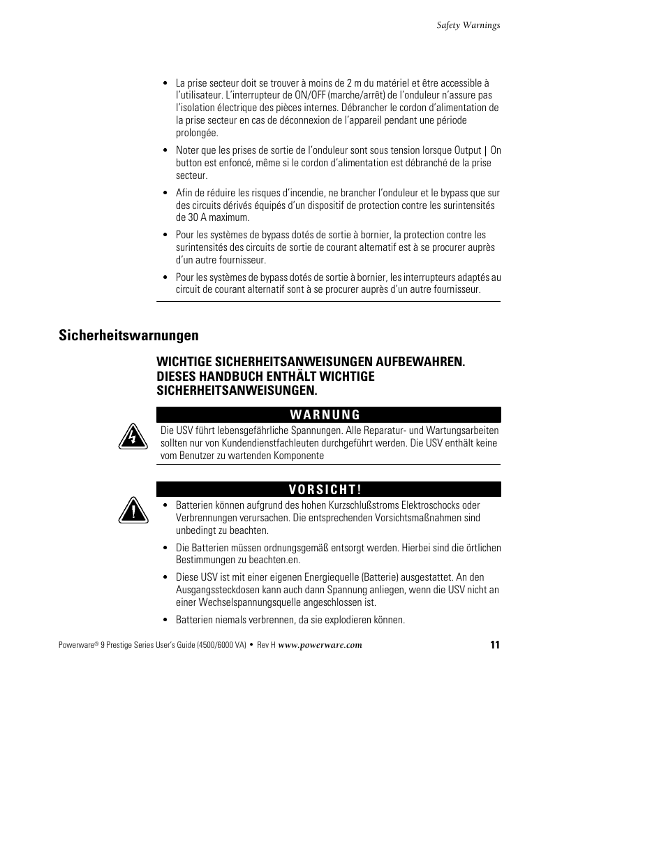 Sicherheitswarnungen | Powerware 6000 User Manual | Page 19 / 92