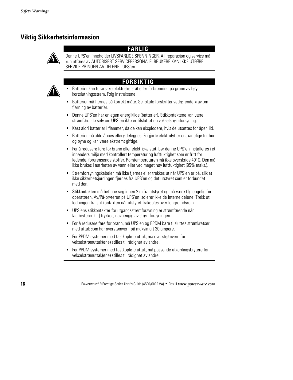 Viktig sikkerhetsinformasion | Powerware 6000 User Manual | Page 24 / 92