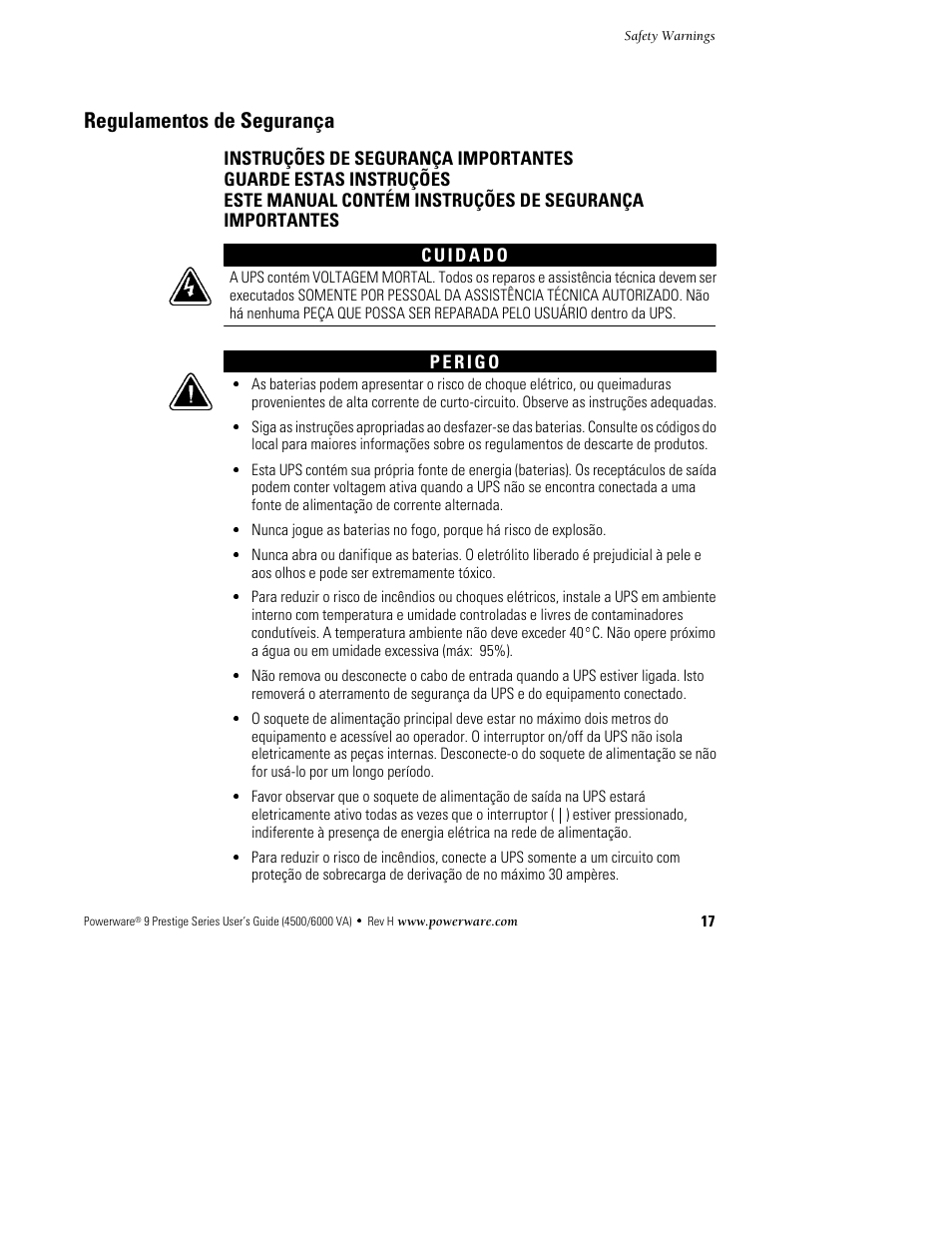 Regulamentos de segurança | Powerware 6000 User Manual | Page 25 / 92