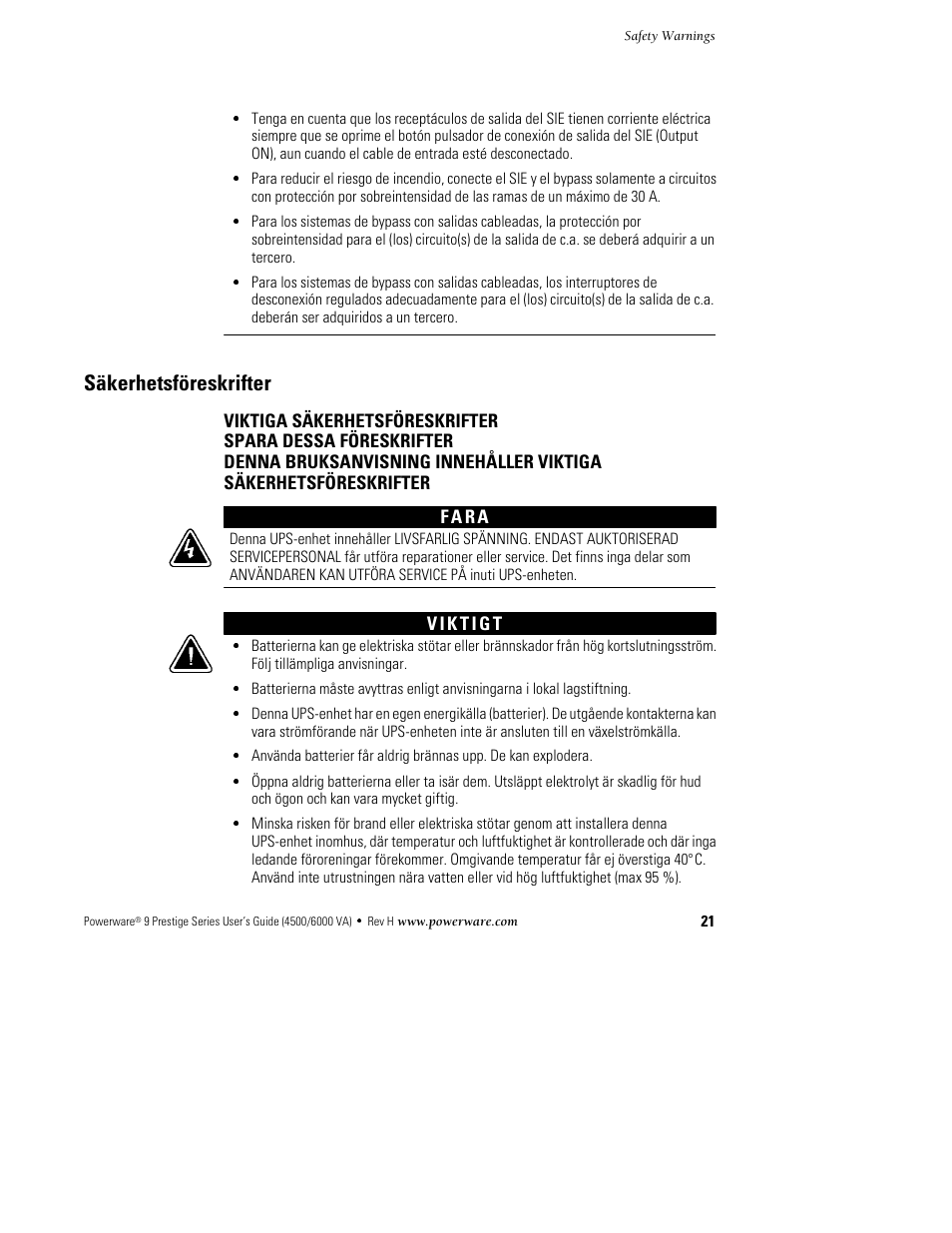 Säkerhetsföreskrifter | Powerware 6000 User Manual | Page 29 / 92