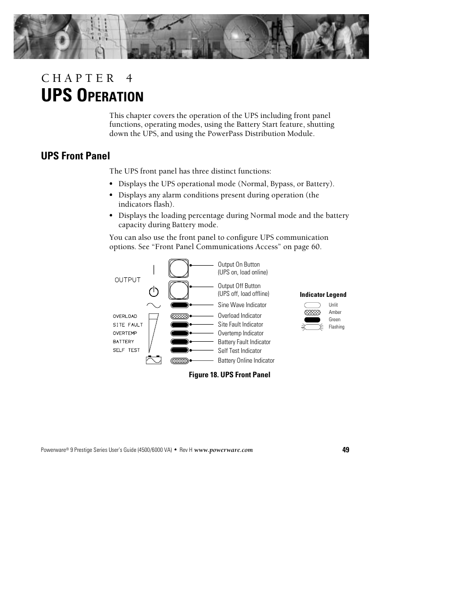 Ups o, Peration, Ups front panel | Powerware 6000 User Manual | Page 57 / 92