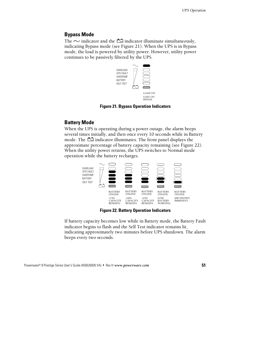 Bypass mode, Battery mode | Powerware 6000 User Manual | Page 59 / 92