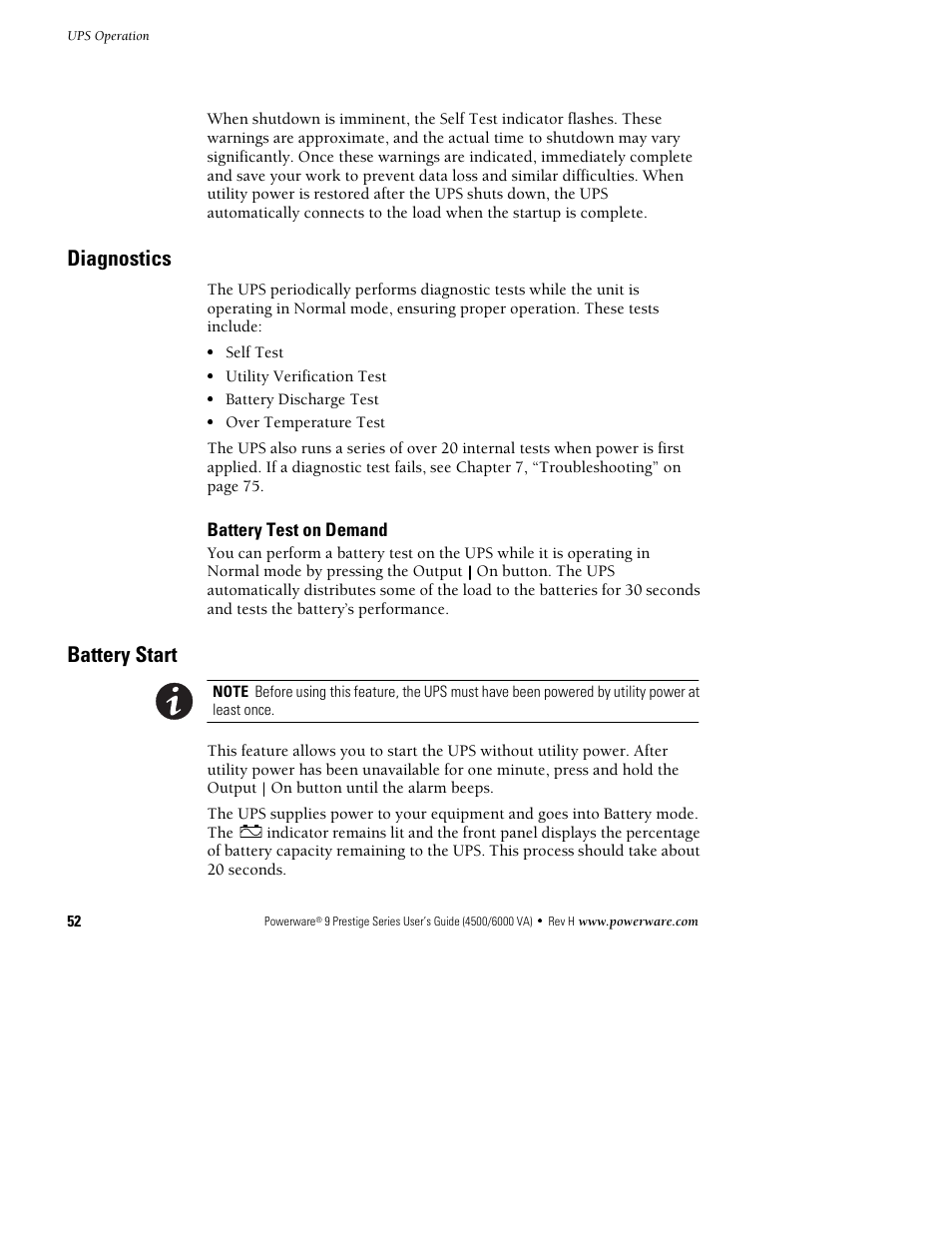 Diagnostics, Battery start | Powerware 6000 User Manual | Page 60 / 92