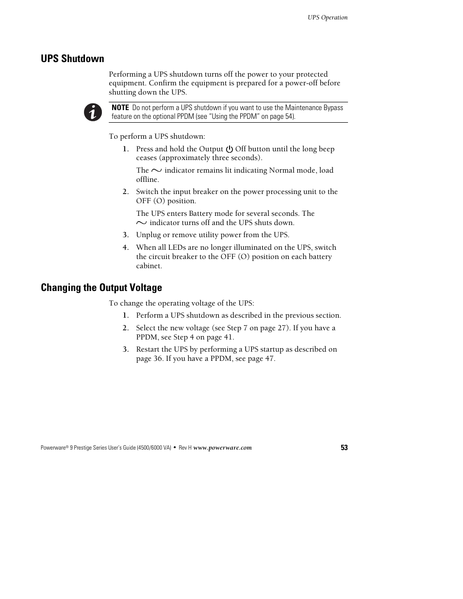 Ups shutdown, Changing the output voltage | Powerware 6000 User Manual | Page 61 / 92