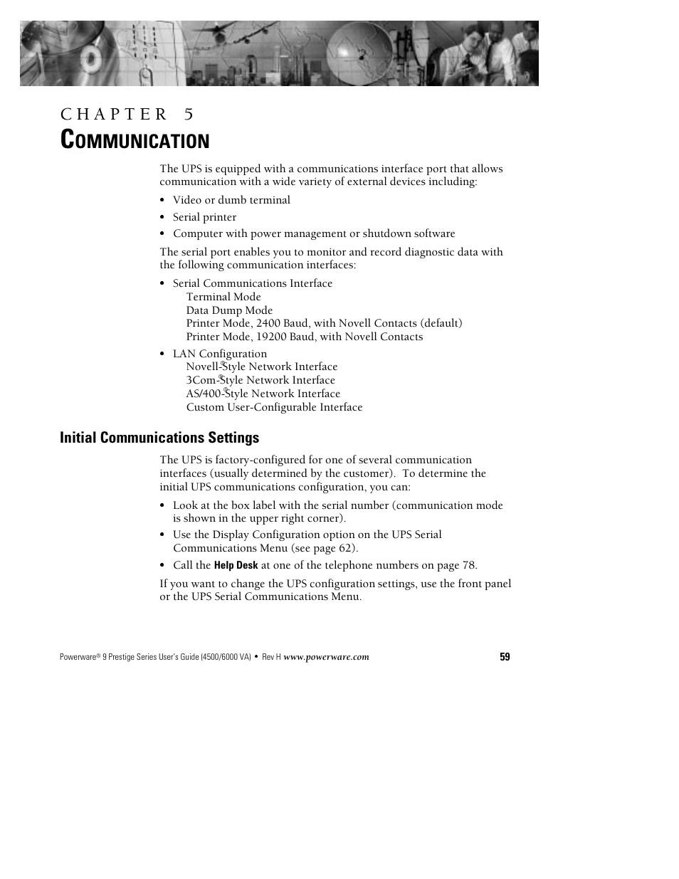 Ommunication, Initial communications settings | Powerware 6000 User Manual | Page 67 / 92