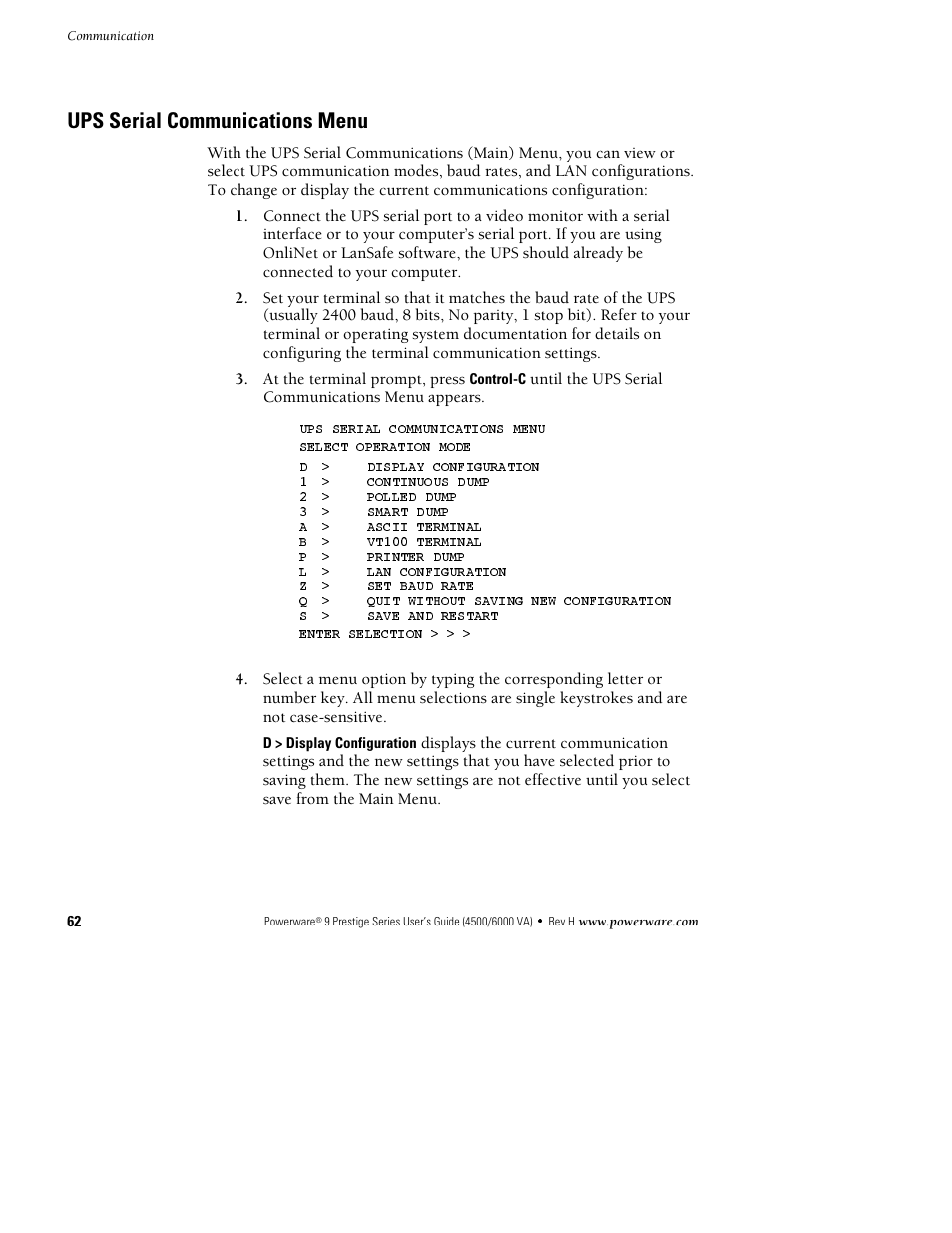 Ups serial communications menu | Powerware 6000 User Manual | Page 70 / 92