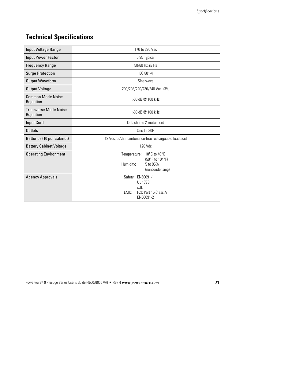 Technical specifications | Powerware 6000 User Manual | Page 79 / 92