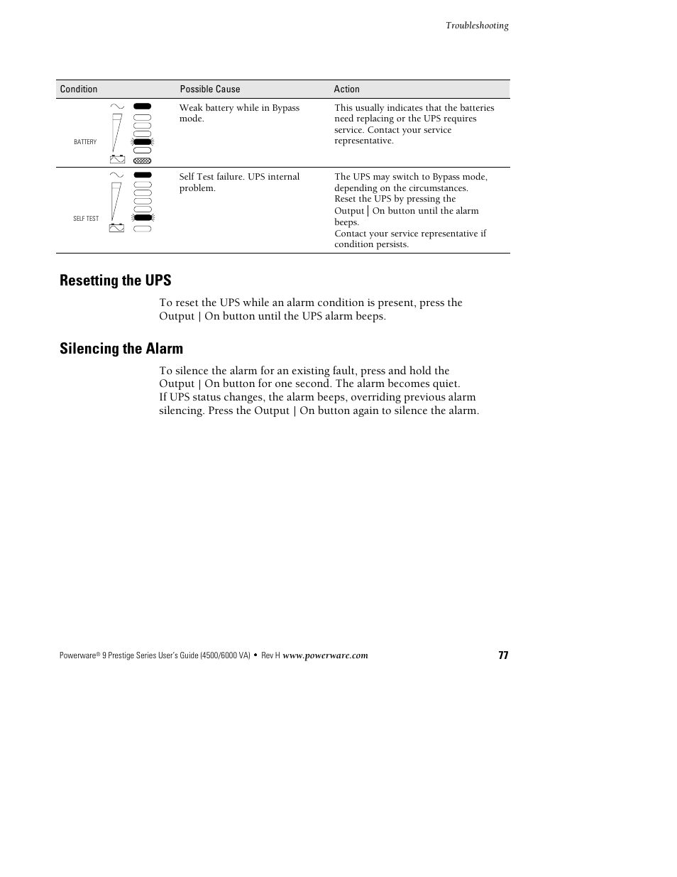 Resetting the ups, Silencing the alarm | Powerware 6000 User Manual | Page 85 / 92