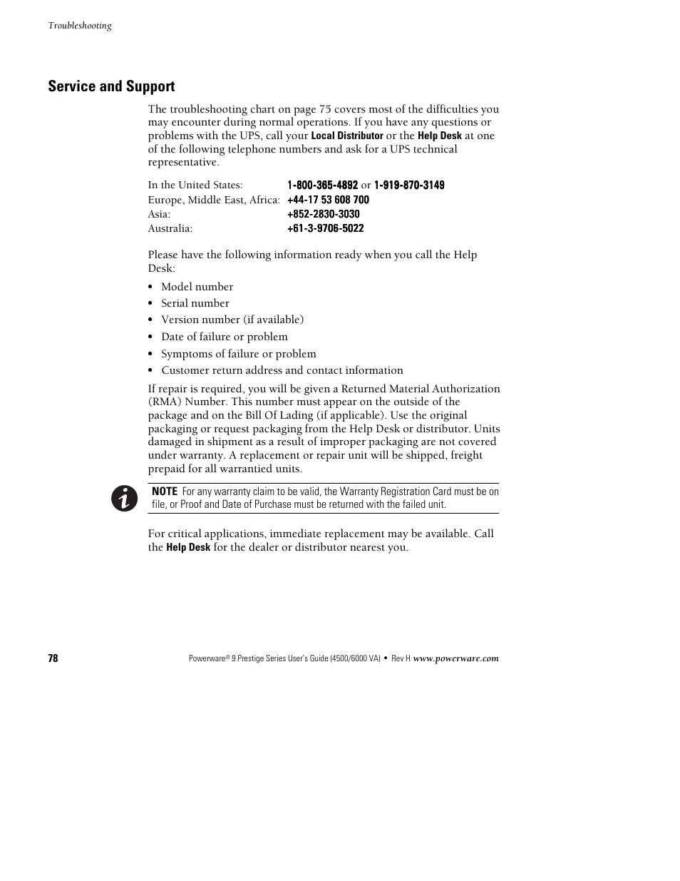 Service and support | Powerware 6000 User Manual | Page 86 / 92