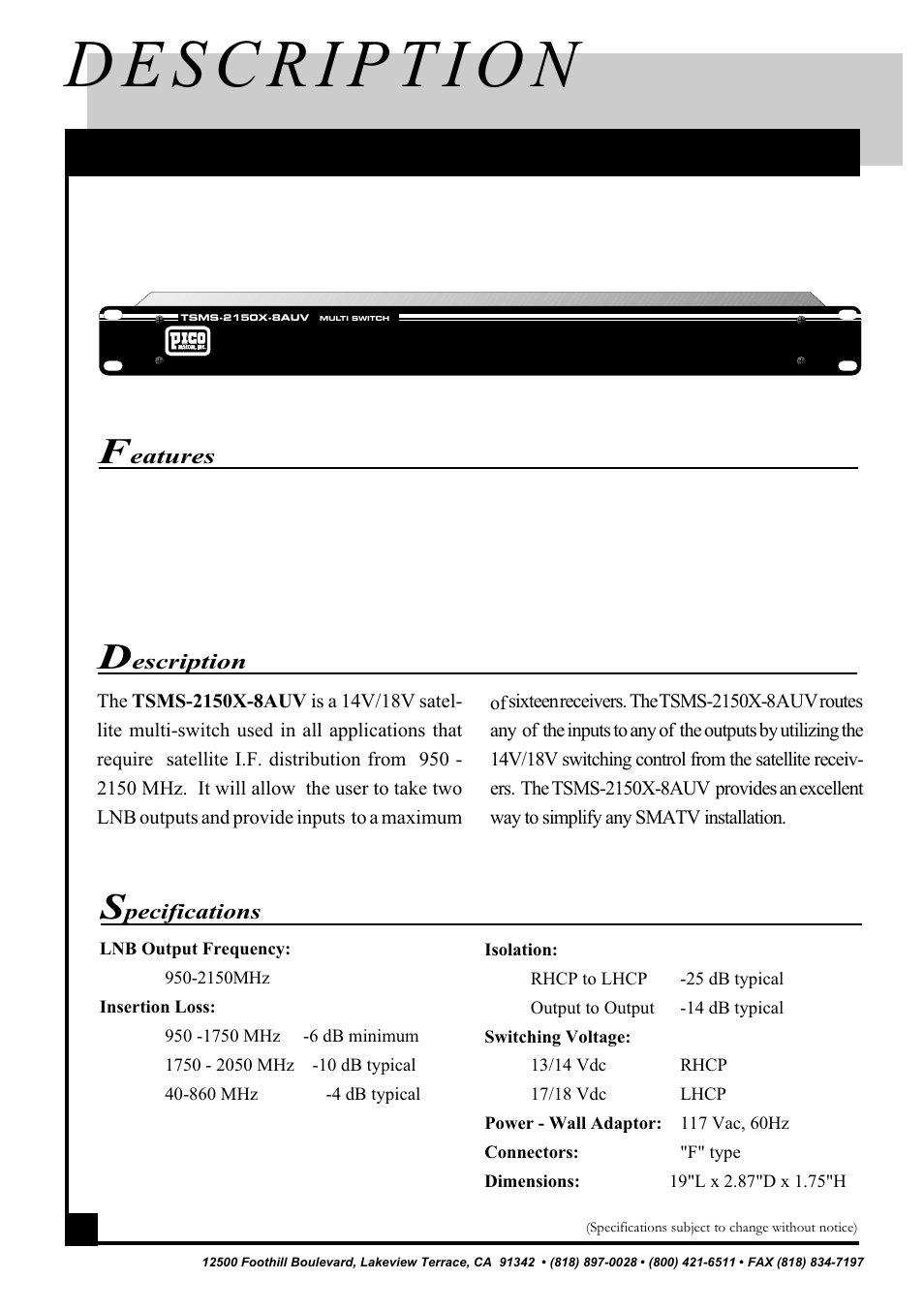 And specifications | Pico Communications TSMS-2150X-8AUV User Manual | Page 4 / 7