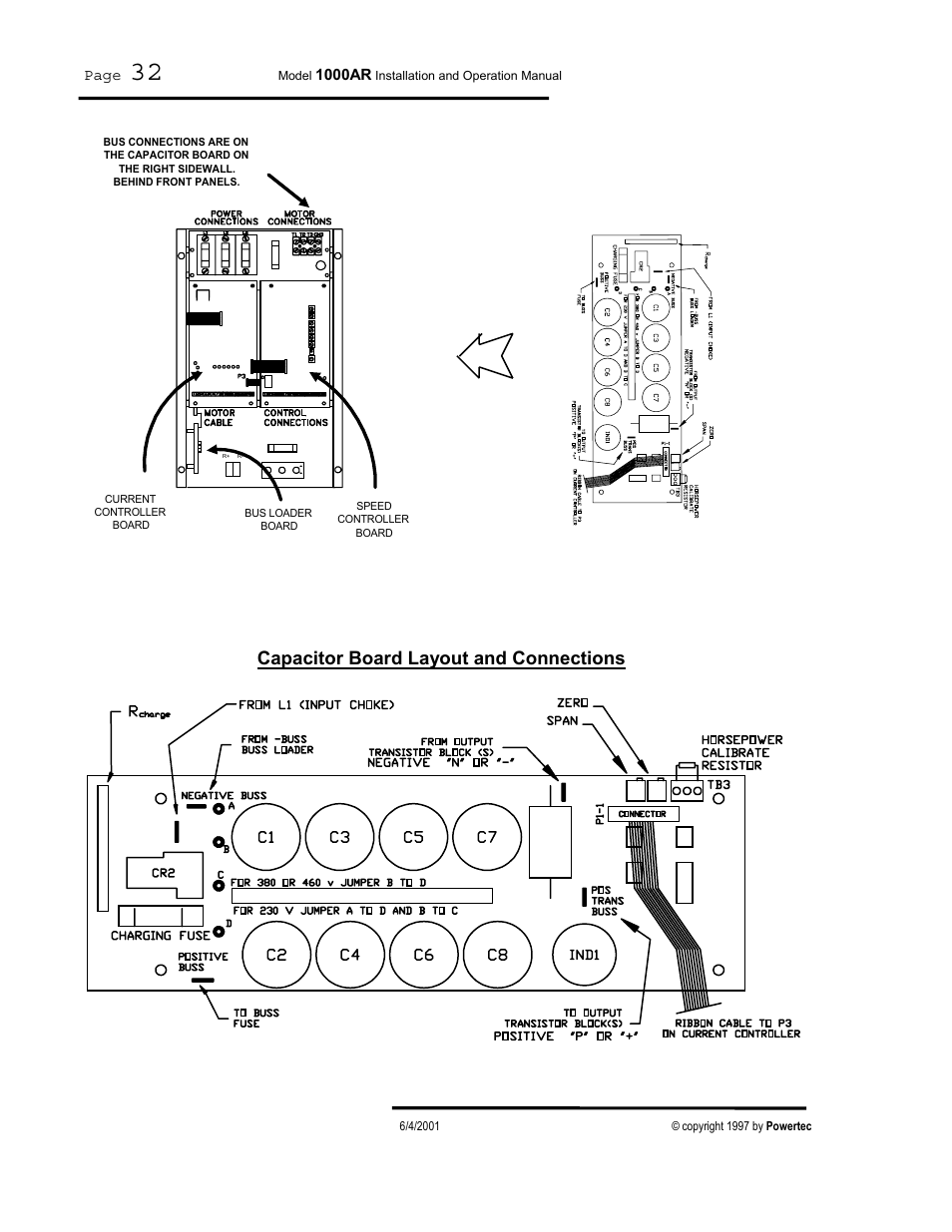 Capacitor board layout and connections | PowerTec Regenerative Brushless DC Motor Control 1000AR User Manual | Page 33 / 57