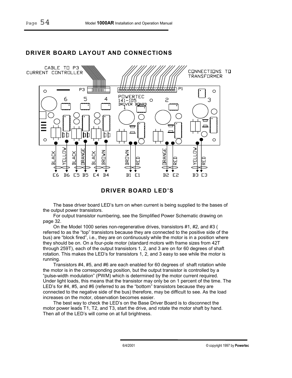 Driver board layout and connections, Driver board led’s | PowerTec Regenerative Brushless DC Motor Control 1000AR User Manual | Page 55 / 57