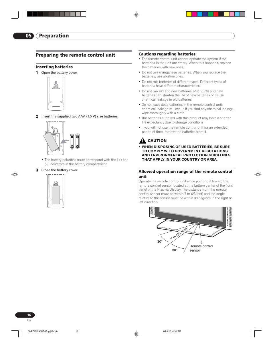 05 preparation, Preparing the remote control unit | Pioneer PDP-4214HD User Manual | Page 16 / 47