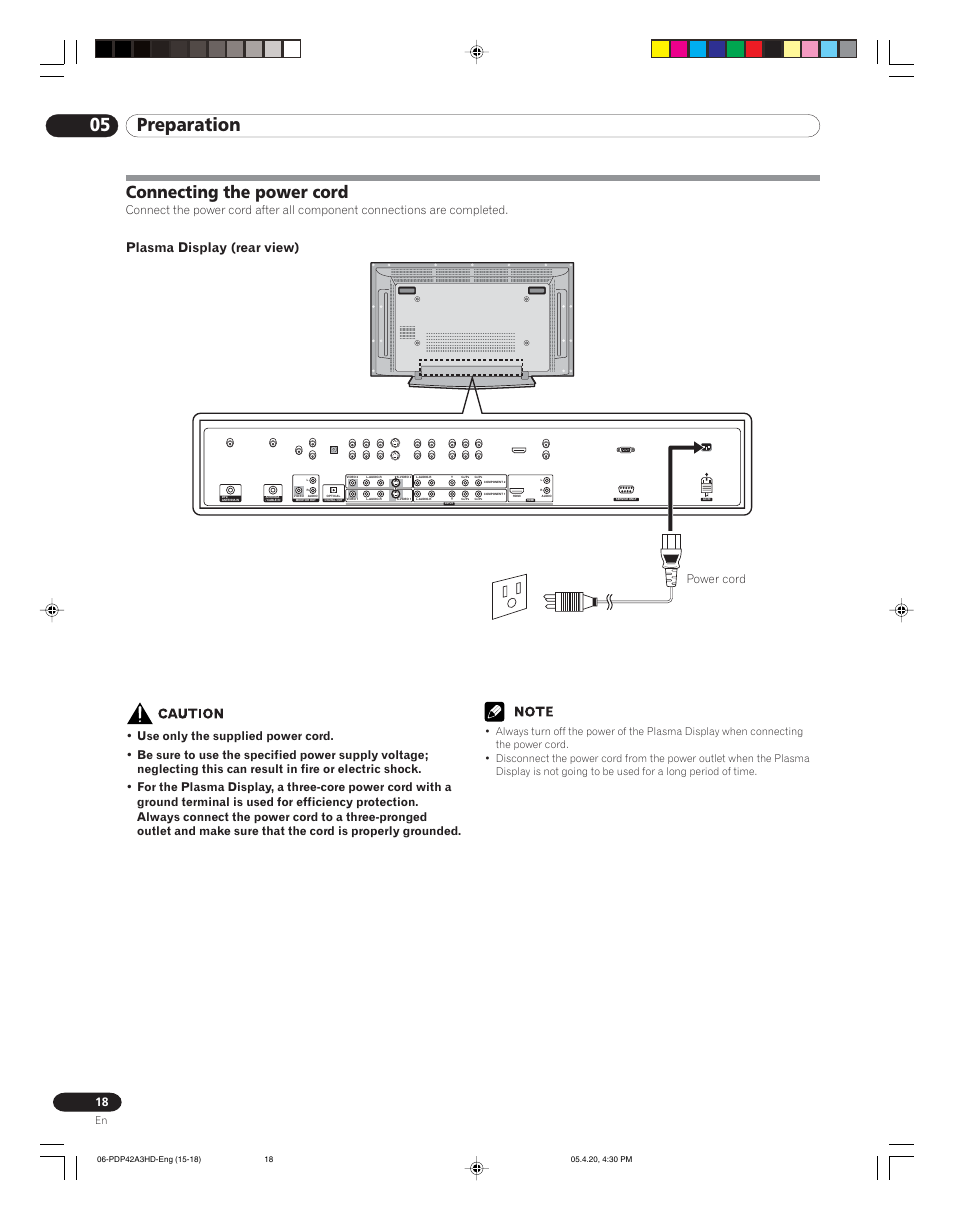 05 preparation, Connecting the power cord, Plasma display (rear view) | Power cord | Pioneer PDP-4214HD User Manual | Page 18 / 47