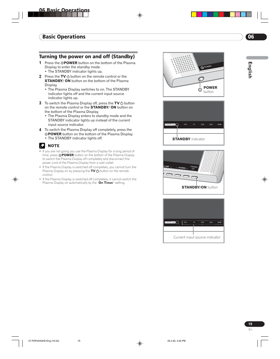 06 basic operations, Turning the power on and off (standby), English | Pioneer PDP-4214HD User Manual | Page 19 / 47