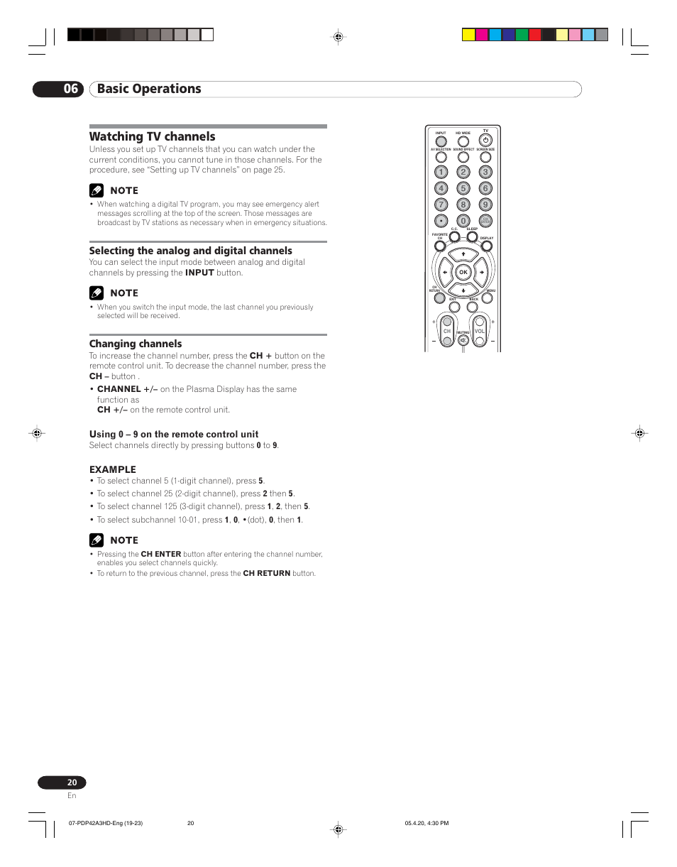 06 basic operations, Watching tv channels, Selecting the analog and digital channels | Changing channels, Using 0 – 9 on the remote control unit, Example | Pioneer PDP-4214HD User Manual | Page 20 / 47