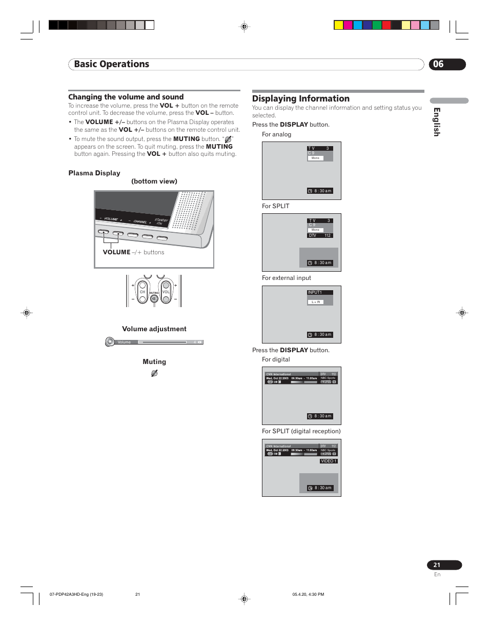 06 basic operations, Displaying information, English | Changing the volume and sound | Pioneer PDP-4214HD User Manual | Page 21 / 47