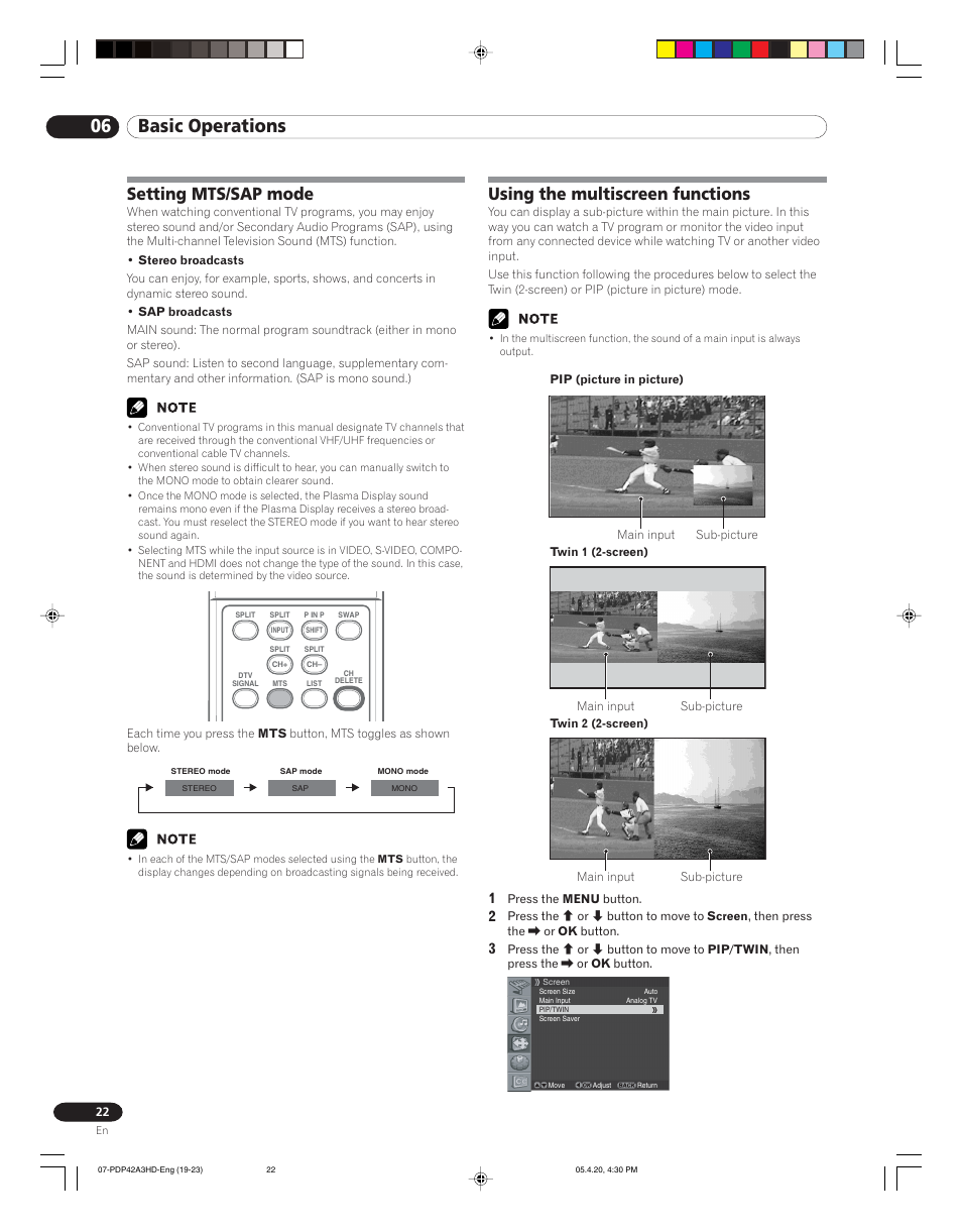 06 basic operations, Setting mts/sap mode, Using the multiscreen functions | Pioneer PDP-4214HD User Manual | Page 22 / 47