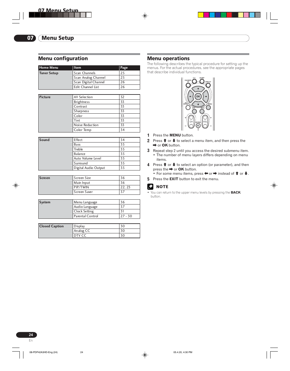 07 menu setup, Menu configuration, Menu operations | Pioneer PDP-4214HD User Manual | Page 24 / 47