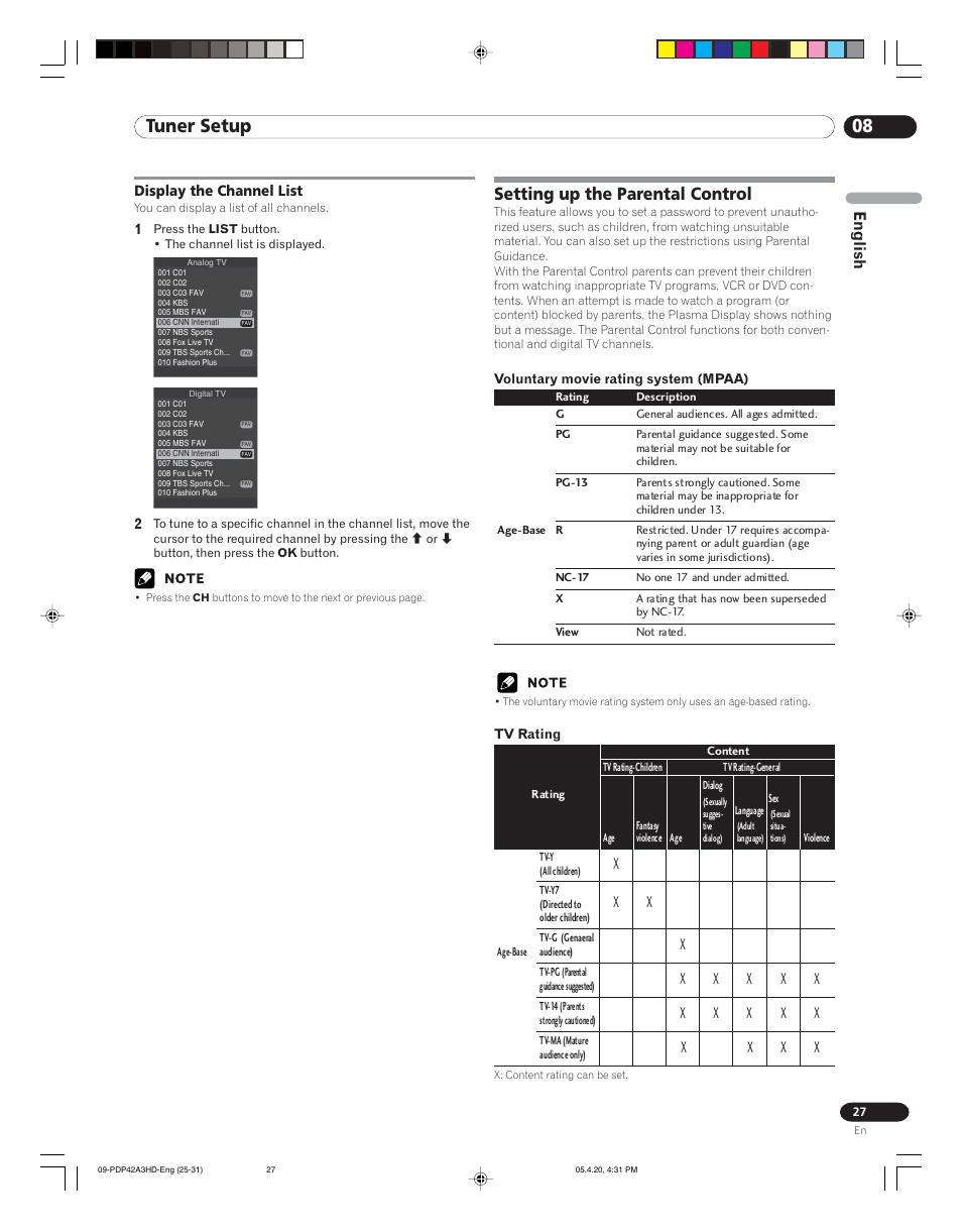 08 tuner setup, Setting up the parental control, English | Pioneer PDP-4214HD User Manual | Page 27 / 47