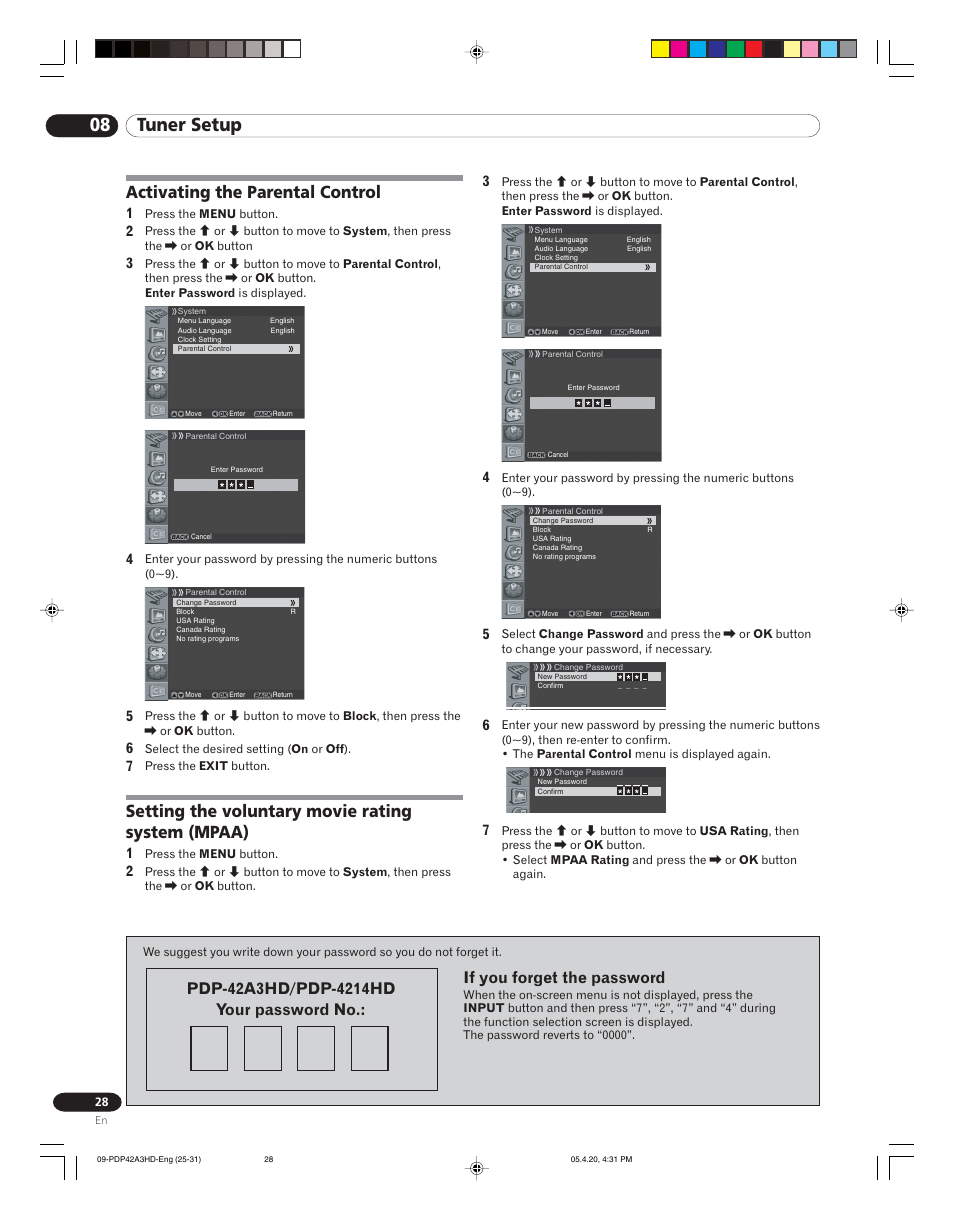 08 tuner setup, Activating the parental control, Setting the voluntary movie rating system (mpaa) | Pioneer PDP-4214HD User Manual | Page 28 / 47