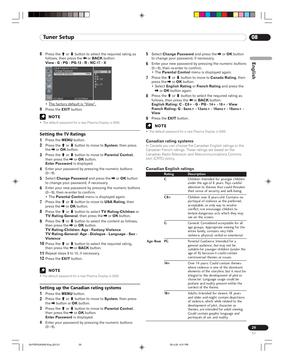 08 tuner setup, English | Pioneer PDP-4214HD User Manual | Page 29 / 47