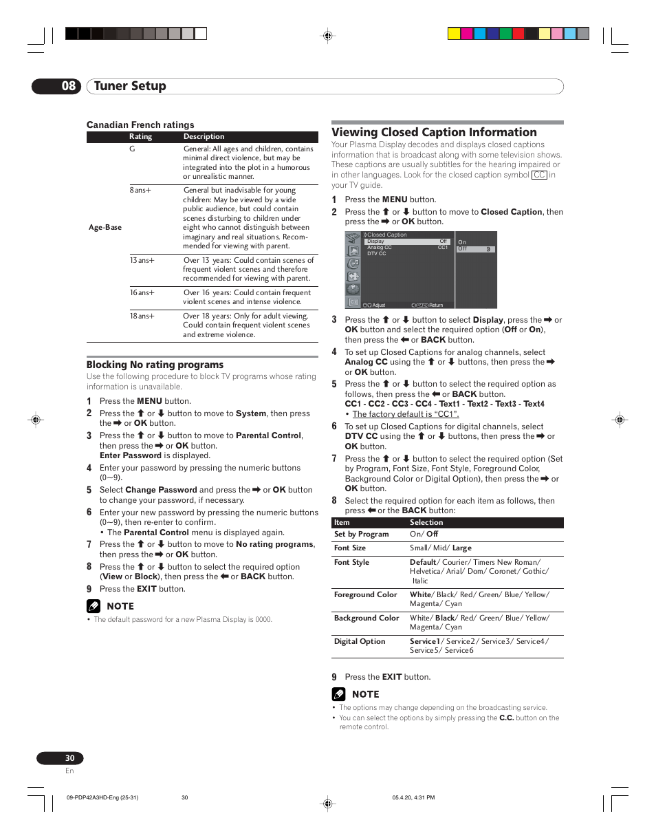 08 tuner setup, Viewing closed caption information | Pioneer PDP-4214HD User Manual | Page 30 / 47