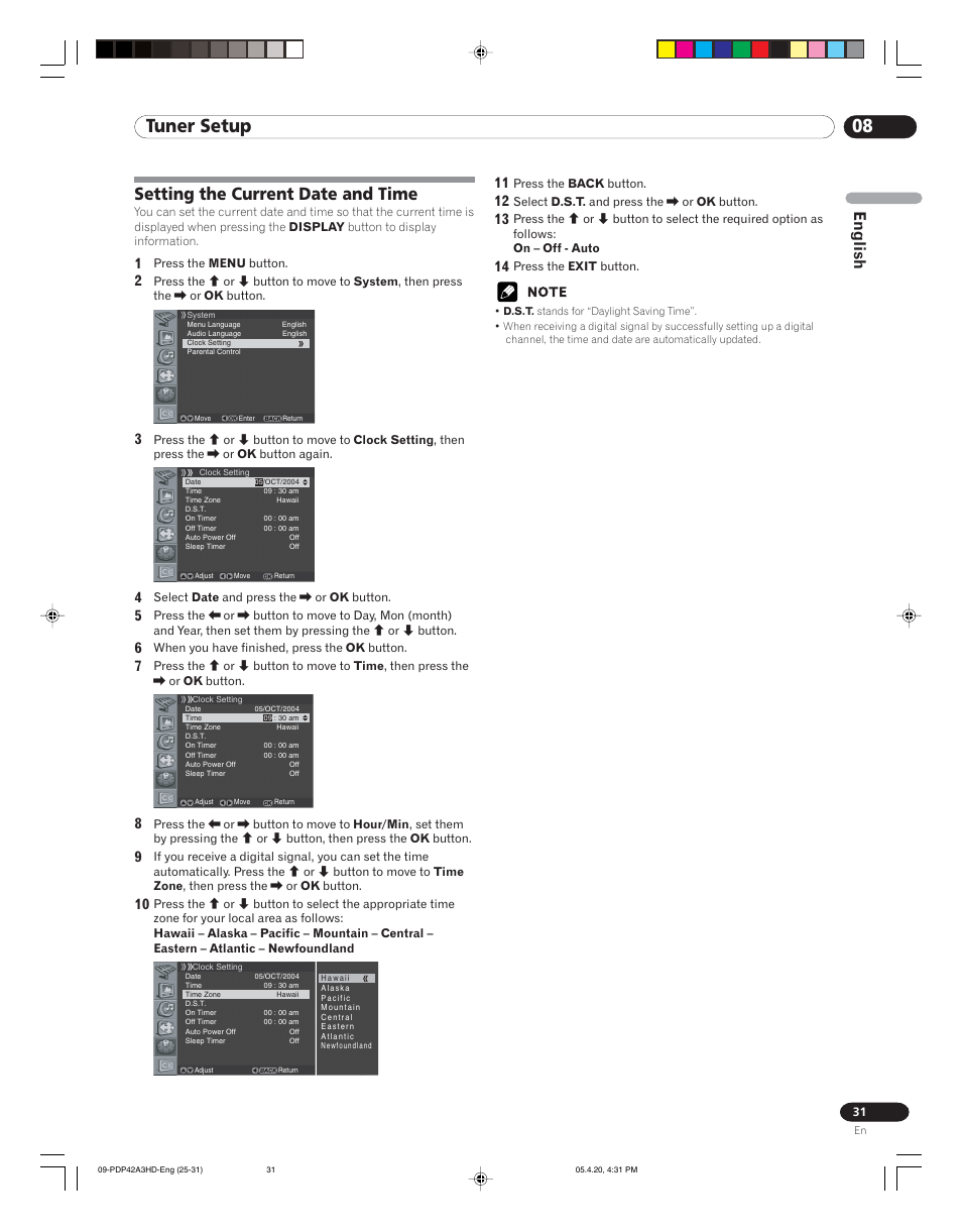 08 tuner setup, Setting the current date and time, English | Pioneer PDP-4214HD User Manual | Page 31 / 47